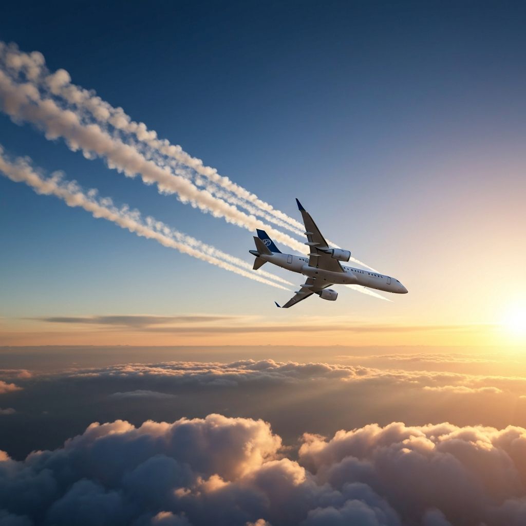 Commercial aircraft flying above clouds with contrails