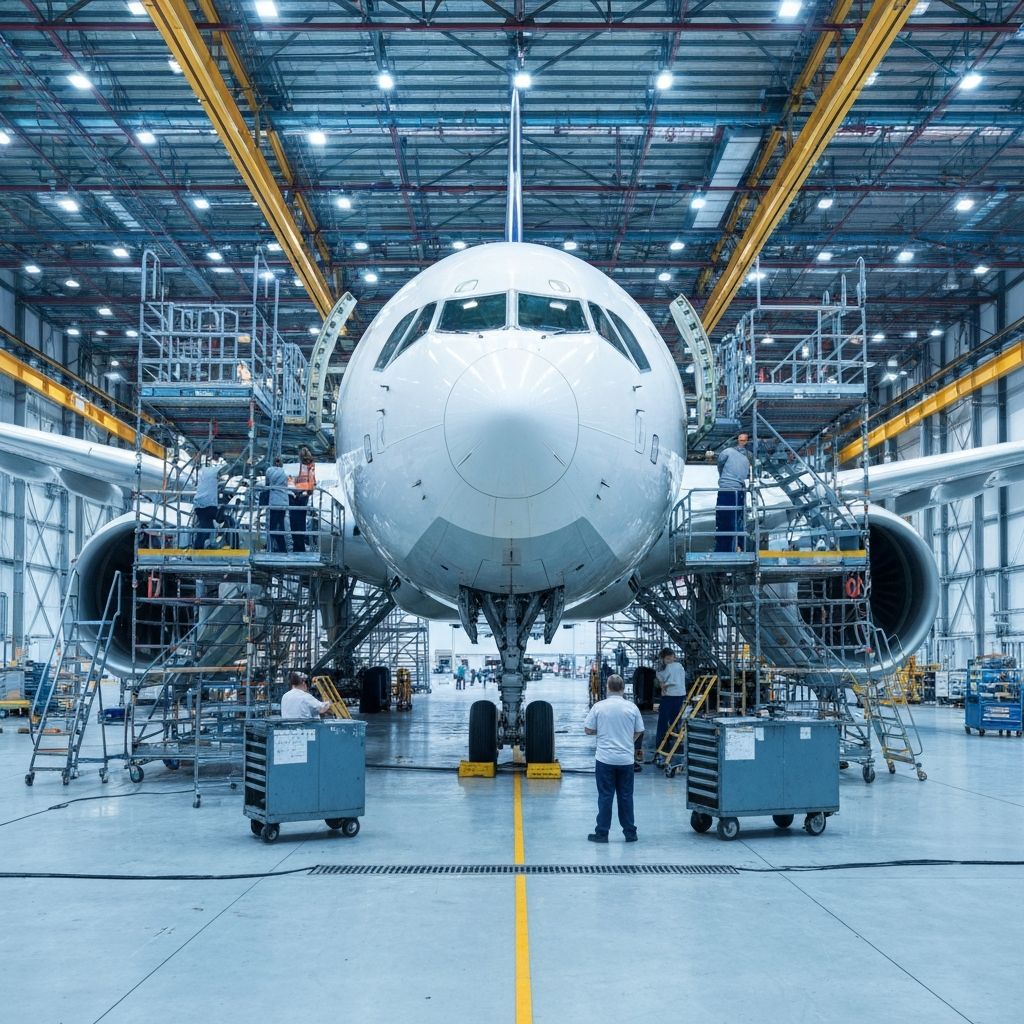 Aircraft maintenance in hangar